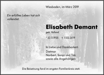 Traueranzeige von Elisabeth Demant von vrm-trauer