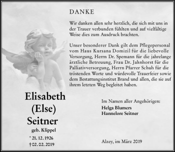 Traueranzeige von Elisabeth Seitner von vrm-trauer