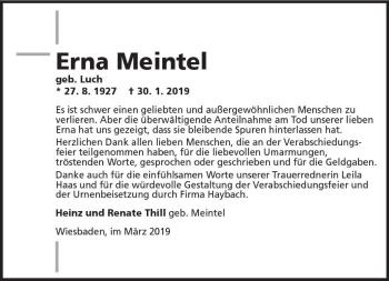 Traueranzeige von Erna Meintet von vrm-trauer