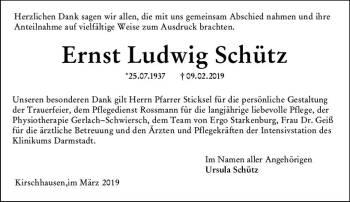 Traueranzeige von Ernst Ludwig Schütz von vrm-trauer