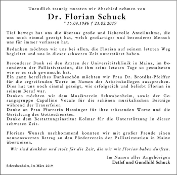 Traueranzeige von Florian Schuck von vrm-trauer