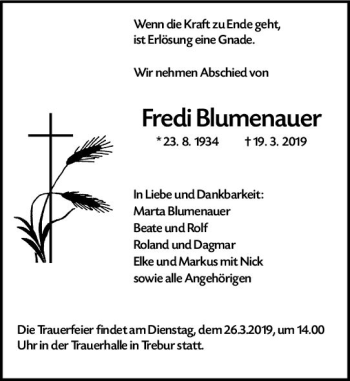 Traueranzeige von Fredi Blumenauer von vrm-trauer