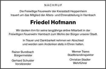 Traueranzeige von Friedel Hofmann von vrm-trauer