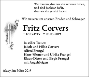 Traueranzeige von Fritz Corvers von vrm-trauer