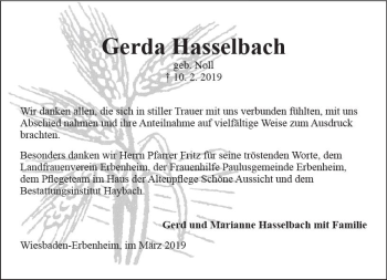 Traueranzeige von Gerda Hasselbach von vrm-trauer