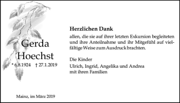 Traueranzeige von Gerda Hoechst von vrm-trauer
