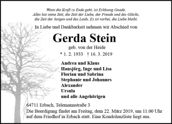 Traueranzeige von Gerda Stein von vrm-trauer