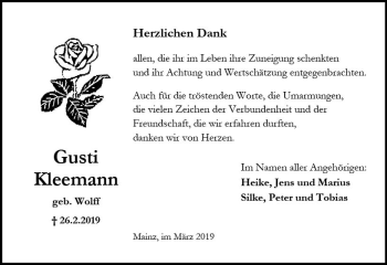 Traueranzeige von Gusti Kleemann von vrm-trauer
