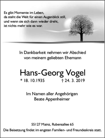 Traueranzeige von Hans-Georg Vogel von vrm-trauer