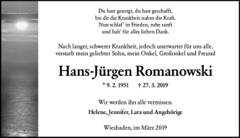 Traueranzeige von Hans-Jürgen Romanowski von vrm-trauer