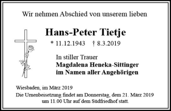 Traueranzeige von Hans-Peter Tietje von vrm-trauer