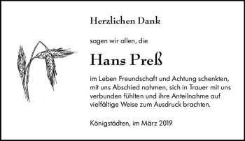 Traueranzeige von Hans Preß von vrm-trauer