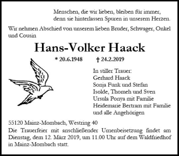 Traueranzeige von Hans-Volker Haack von vrm-trauer