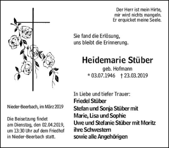 Traueranzeige von Heidemarie Stüber von vrm-trauer