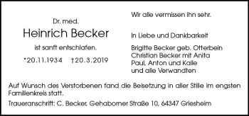 Traueranzeige von Heinrich Becker von vrm-trauer