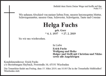 Traueranzeige von Helga Fuchs von vrm-trauer