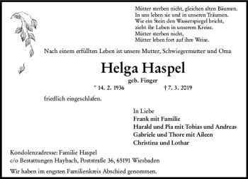 Traueranzeige von Helga Haspel von vrm-trauer