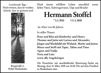 Traueranzeige von Hermann Stoffel von vrm-trauer