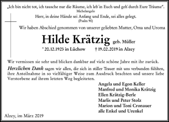 Traueranzeige von Hilde Krätzig von vrm-trauer