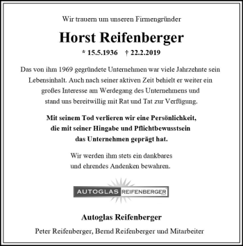 Traueranzeige von Horst Reifenberger von vrm-trauer