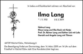 Traueranzeige von Ilma Lang von vrm-trauer