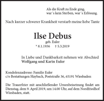 Traueranzeige von Ilse Debus von vrm-trauer
