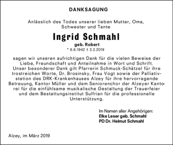 Traueranzeige von Ingrid Schmahl von vrm-trauer