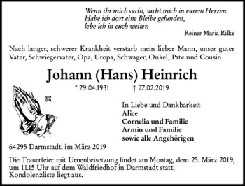 Traueranzeige von Johann Heinrich von vrm-trauer