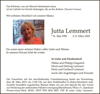 Traueranzeige von Jutta Lemmert von vrm-trauer