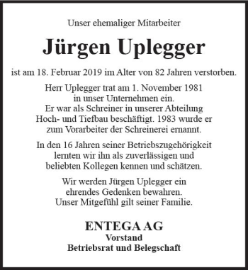 Traueranzeige von Jürgen Uplegger von vrm-trauer