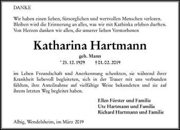 Traueranzeige von Katharina Hartmann von vrm-trauer
