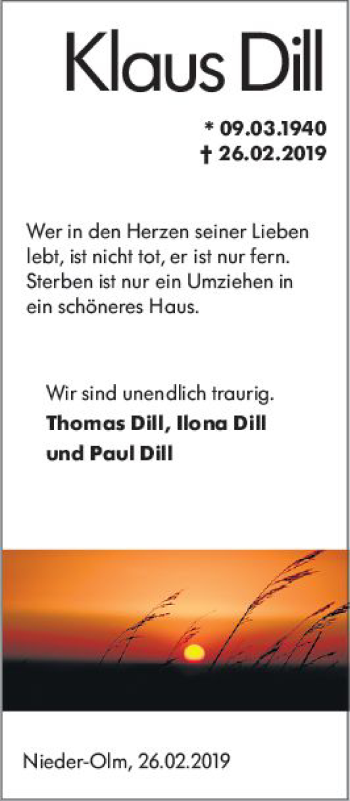 Traueranzeige von Klaus Dill von vrm-trauer