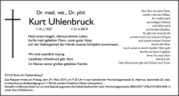 Traueranzeige von Kurt Uhlenbruck von vrm-trauer