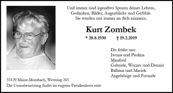 Traueranzeige von Kurt Zombek von vrm-trauer