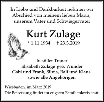Traueranzeige von Kurt Zulage von vrm-trauer