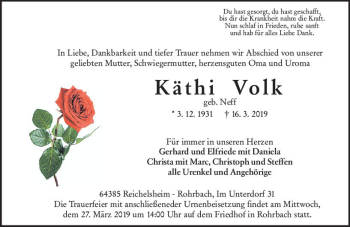 Traueranzeige von Käthi Volk von vrm-trauer