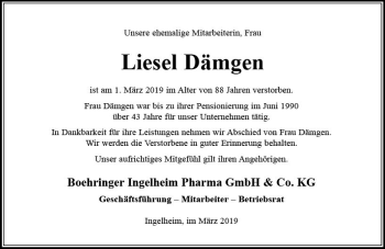 Traueranzeige von Liesel Dämgen von vrm-trauer