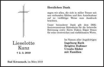Traueranzeige von Lieselotte Kunz von vrm-trauer