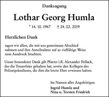 Traueranzeige von Lothar Georg Humla von vrm-trauer