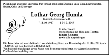 Traueranzeige von Lothar Georg Humla von vrm-trauer