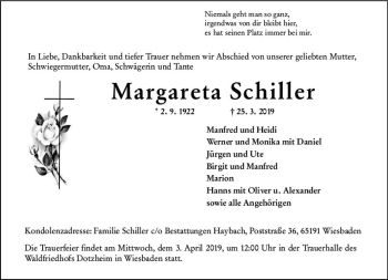 Traueranzeige von Margareta Schiller von vrm-trauer
