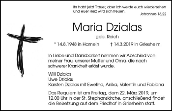 Traueranzeige von Maria Dzialas von vrm-trauer