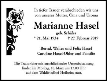Traueranzeige von Marianne Hasel von vrm-trauer
