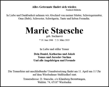 Traueranzeige von Marie Staesche von vrm-trauer