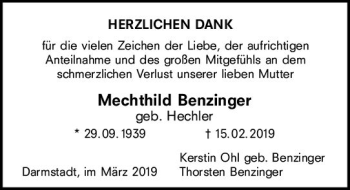 Traueranzeige von Mechthild Benzinger von vrm-trauer
