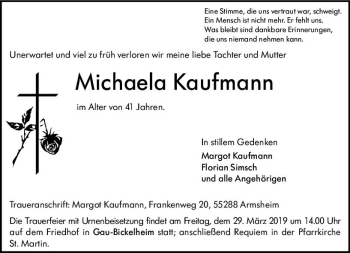 Traueranzeige von Michaela Kaufmann von vrm-trauer