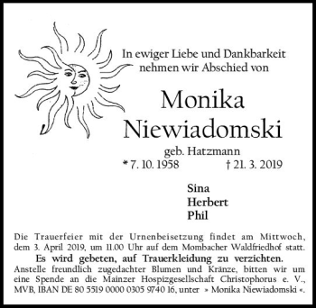 Traueranzeige von Monika Niewiadomski von vrm-trauer