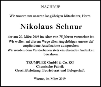 Traueranzeige von Nikolaus Schnur von vrm-trauer