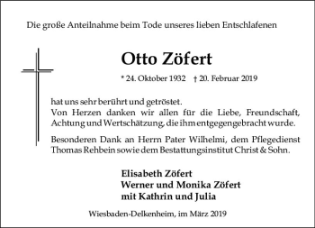 Traueranzeige von Otto Zöfert von vrm-trauer