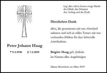 Traueranzeige von Peter Johann Haag von vrm-trauer